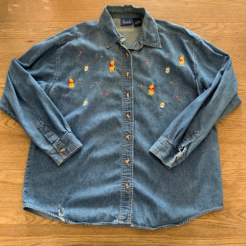 Disney Pooh Winnie Pooh Embroidered Denim Button Down Shirt Sz L 90s Blue READ